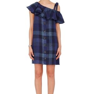 SEA NY 100% Linen Shift Dress in Blue Plaid EUC